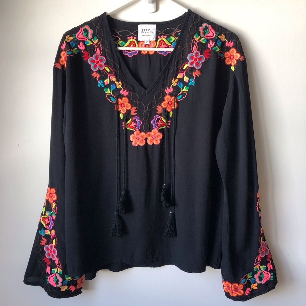 Misa boho embroidered top flared sleeve tassels lightweight vibrant floral.